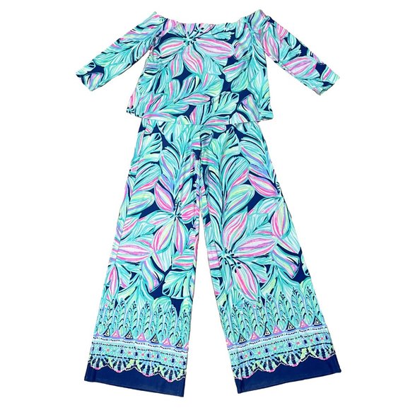 Lilly Pulitzer Weslee Floral Crop Top and Palazzo Pant Set High Tide Navy Small - Picture 3 of 14